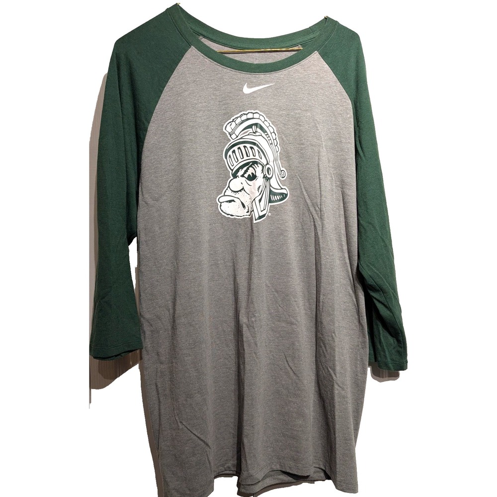 Michigan State Spartans Shirt Womens L Gray Green Nike Athletic Cut Raglan Tee